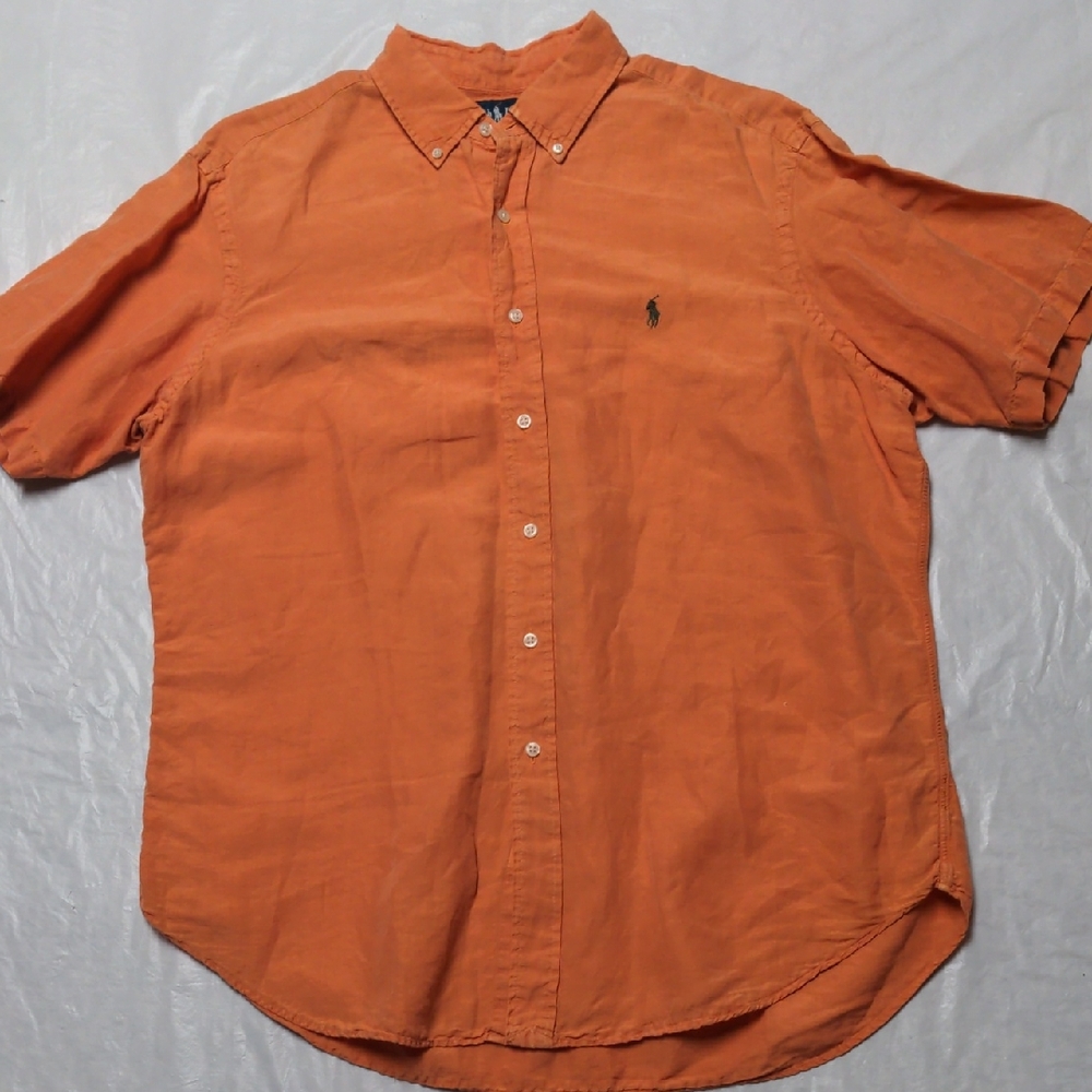 Ralph Lauren Silk Linen Orange Button Down Short Sleeve Shirt Size XL